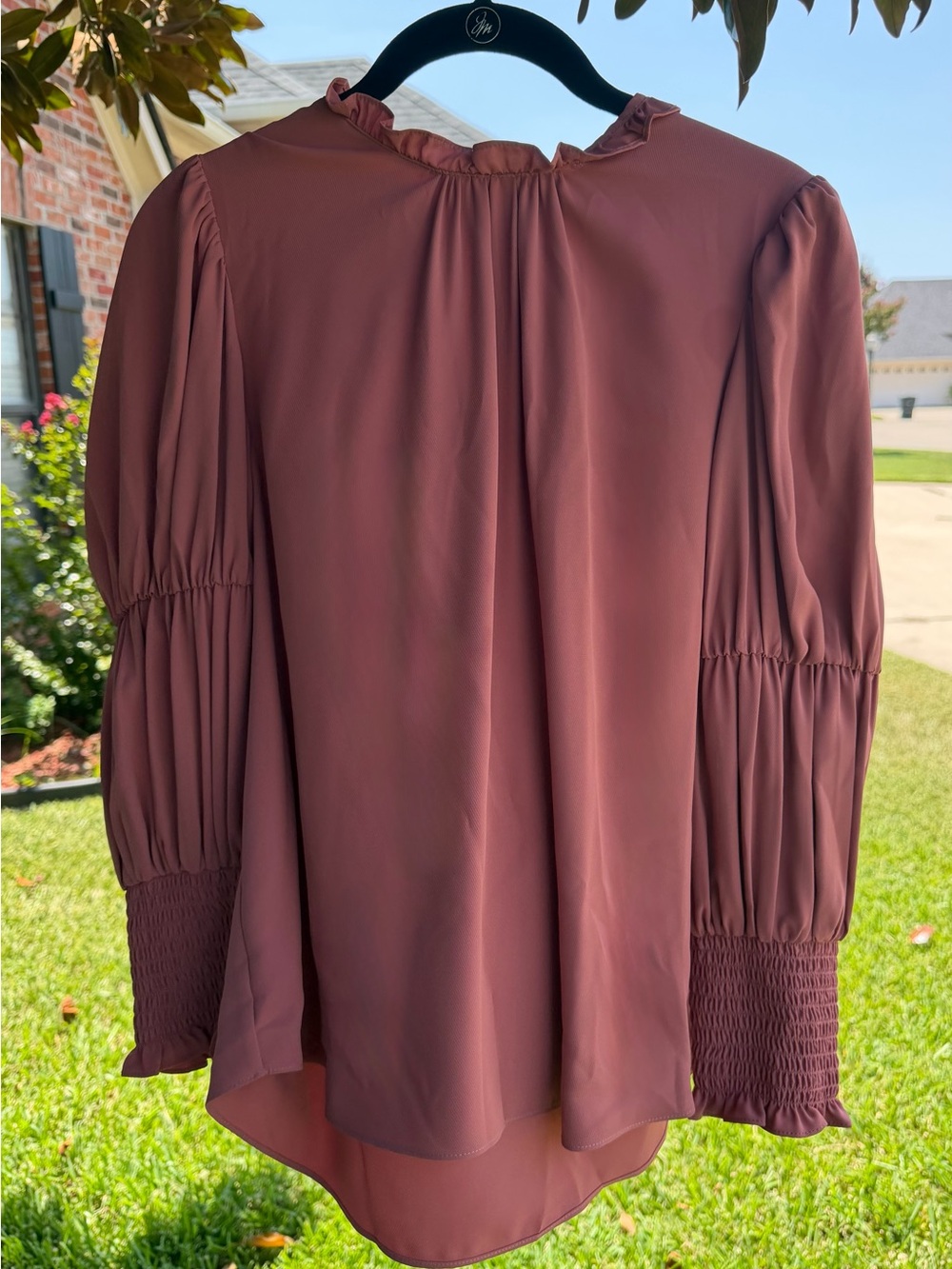Amanda Uprichard Dusty Rose Ruffle Neck Smocked Puff Sleeve Blouse Small